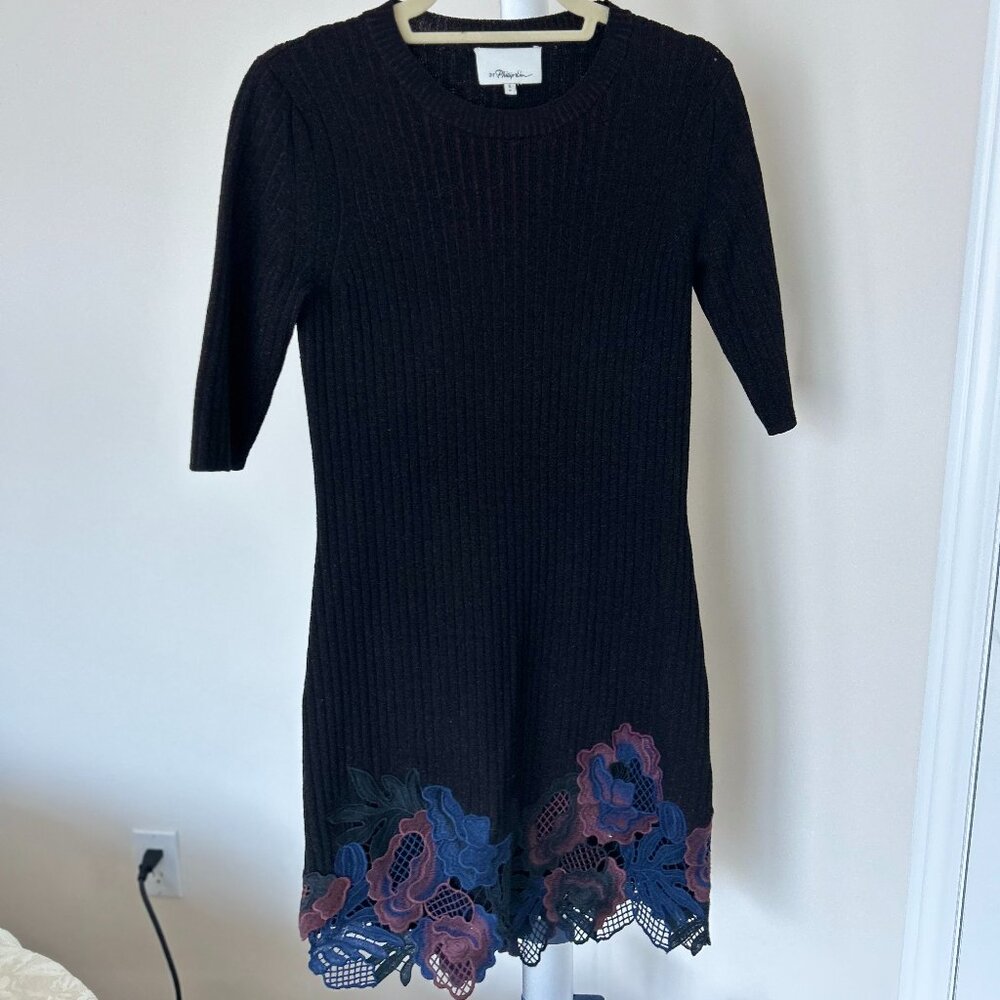 3.1 Phillip Lim Knit Black and Brown Dress with Embroidered Bottom Size US Small